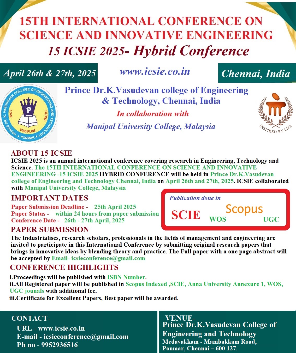 15th International Conference on Science and Innovative Engineering ICSIE 2025